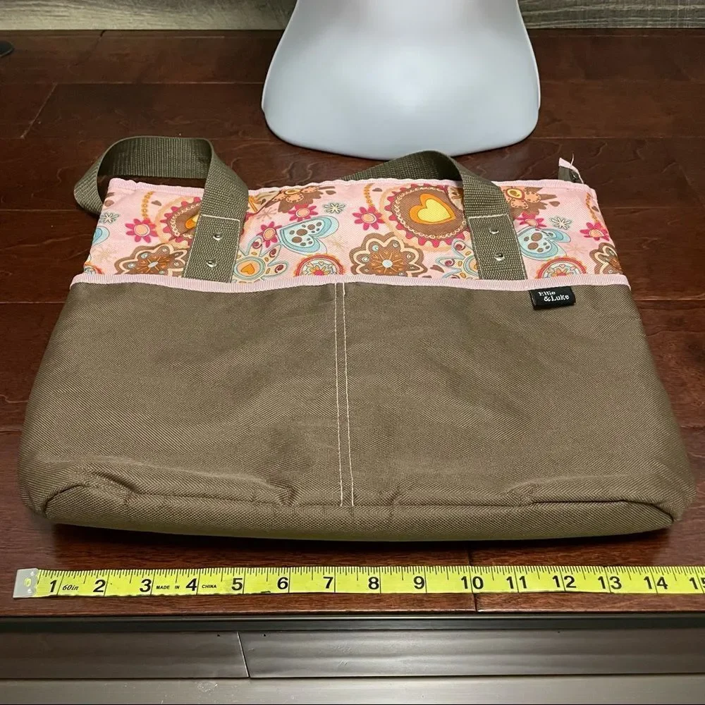 Ellie & Luke Diaper Bag Pink and Khaki Flowers and Hearts